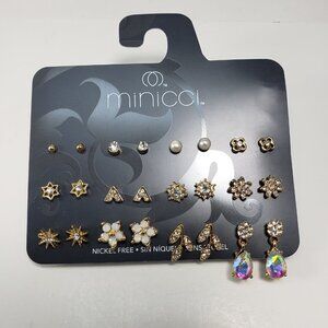 MINICCI Set of 12 pairs of Gold-tone Mixed Rhinestone Crystal Earrings C3